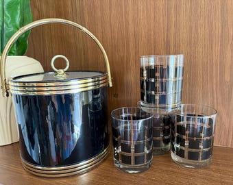 Mid-Century Whiskey Glasses Set with Ice Bucket