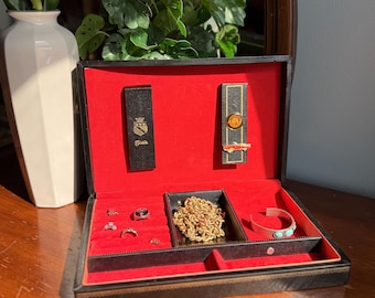 Mens Jewelry Box, Valet Case, Vintage 1960s Shields, Black with Red Lining