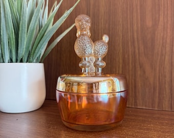 Vintage Poodle Powder Jar, Jeanette Carnival Glass Vanity Cosmetic Box, Jewelry or Trinket Holder