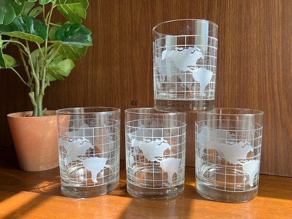 Vintage Whiskey Glasses, MCM Frosted World Map Lowball Glasses for Father’s Day, Mid Century Modern Barware
