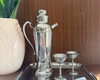 Vintage Art Deco Cocktail Set, Coupe Glasses for Toasting, Wedding, Pitcher, Shaker, Barware for Mixing Drinks