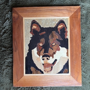 Marquetry Wall Art German Shepard, Flower, Vintage Wood Inlay Art