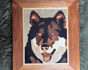 Vintage Marquetry Wall Art German Shepard and Flower