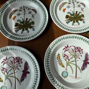 May include: Four white ceramic plates with botanical illustrations. Each plate features a different floral design with butterflies and a green leaf border. The plates are arranged on a wooden surface.