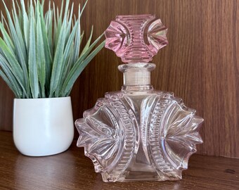Art Deco Perfume Bottle: Large Pink Cut Glass with Stopper