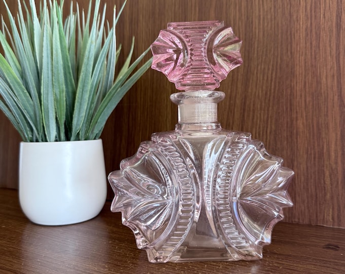 Art Deco Perfume Bottle: Large Pink Cut Glass with Stopper