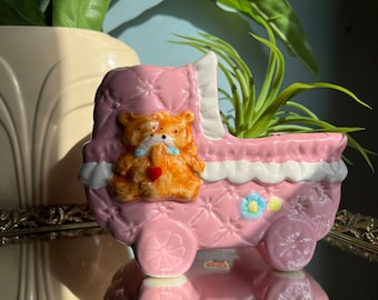 Vintage Pink Baby Carriage Planter, Girl Baby Shower Decoration