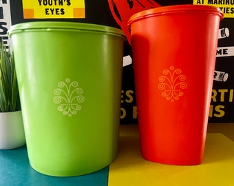 Vintage Tupperware Storage Canisters Servalier Style in Apple Green & Orange, Set of Kitchen Counter Jars