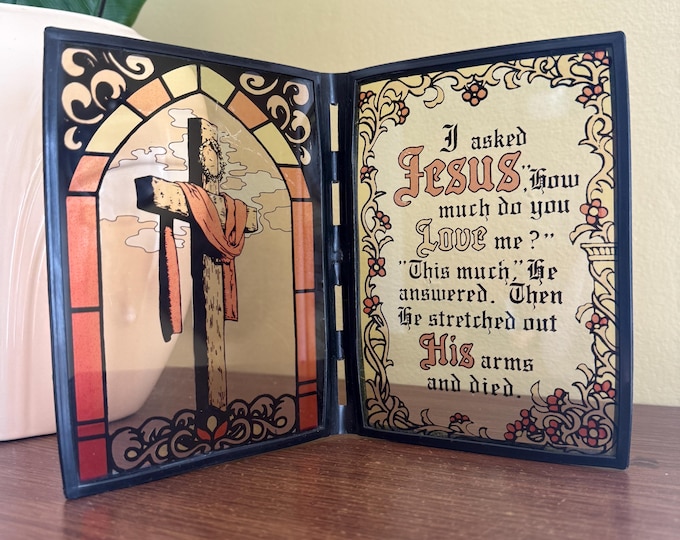 Vintage Catholic Reverse Painted Glass with Goth Vibe and Jesus Quote