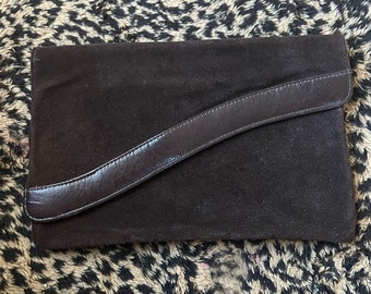 70s Clutch Purse Brown Suede Envelope Evening Bag, Vintage