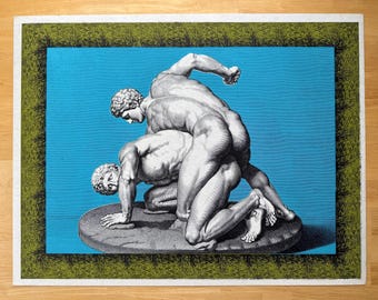 1970s Tiber Press NYC Silk Screen Print, Uffizi Wrestlers