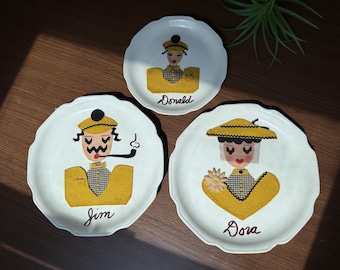 Vintage Kitschy Whimsical Portrait Plates, Gibson Girl, Boy, Mid Century Retro Kitchen Gallery Wall Hanging, Ceramic Felt Collage