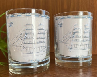Whiskey Glasses Set, Mid Century Rocks Glasses with Coastal Nautical Ships by Georges Briard