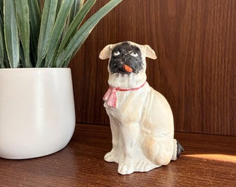 Antique Dog Figurine, Pug with Tongue Out, Victorian German Bisque Porcelain, Made in Germany