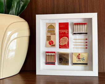 Framed Vintage Matchbook Collage in Bold Retro Red