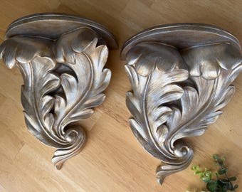 Vintage Ornate Acanthus Leaf Floating Shelves Pair by Decoline NY, Handmade and Handpainted