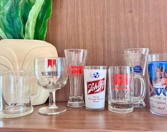 Vintage Dad Beer Bar Glasses: Budweiser, Miller High Life, PBR, Schlitz, Michelob Ultra, Bud Light Spuds Mackenzie