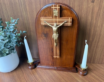 1940s Last Rites Set, Sick Call Crucifix with Candles and Holy Water