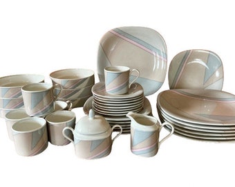 80s Post Modern Mikasa Dinnerware, Post Modern Tempo Eighty Axis CE908 Pattern Plates, Soup & Salad Bowls, Cup + Saucer Sets, 80s Art Deco