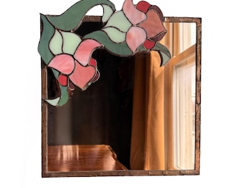 Vintage Stained Glass Small Hanging Mirror with Floral Applique