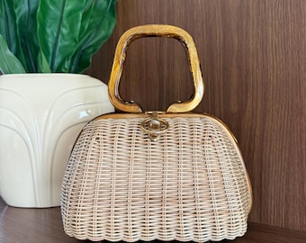 1960s Vintage Lacquered Woven Handbag with Tortoise Bakelite Handle