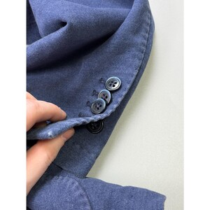 May include: A blue blazer sleeve featuring a row of four black buttons along the cuff. The fabric has a soft, matte texture with visible stitching details around the buttonholes and along the edge of the sleeve opening, showcasing the construction.