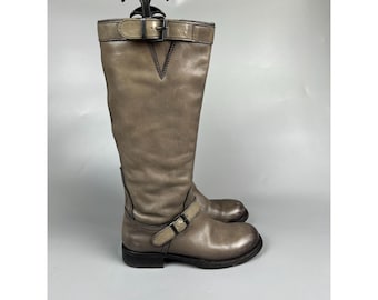 Women's Moma Gray Leather Knee High Combat Boots Size EU 37 (Y1007)