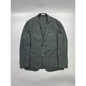 May include: A dark gray blazer featuring a subtle plaid pattern, a notched lapel, two front buttons, a single chest pocket, and two lower patch pockets. The garment has long sleeves and a structured collar, presenting a classic tailored design.