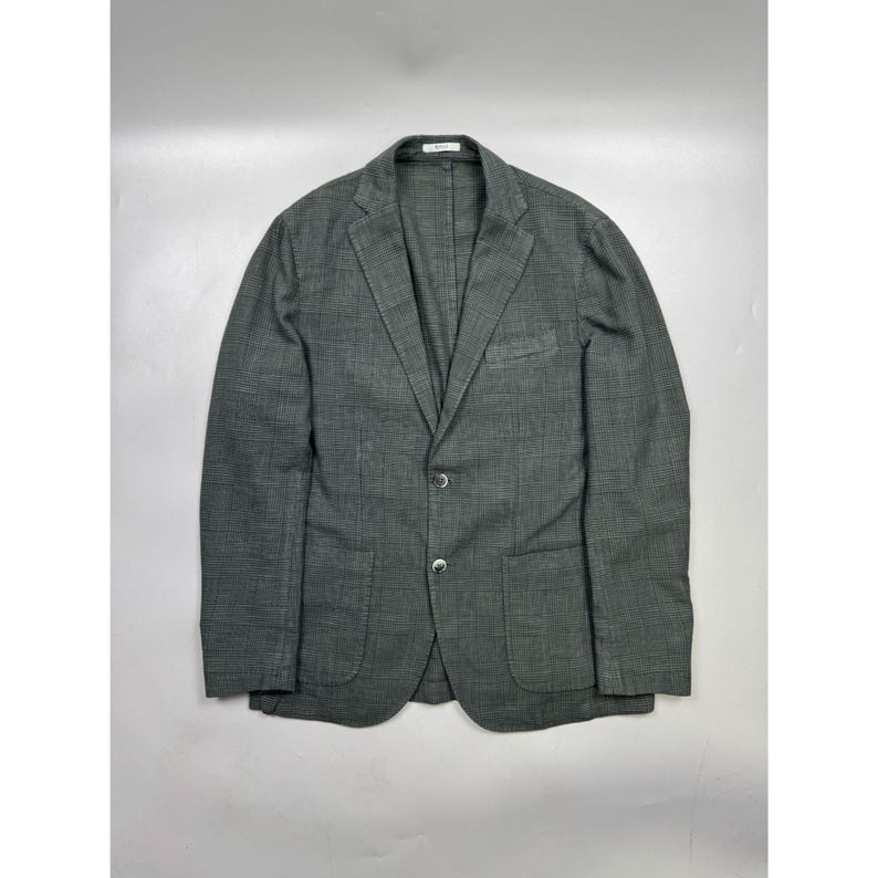 May include: A dark gray blazer featuring a subtle plaid pattern, a notched lapel, two front buttons, a single chest pocket, and two lower patch pockets. The garment has long sleeves and a structured collar, presenting a classic tailored design.