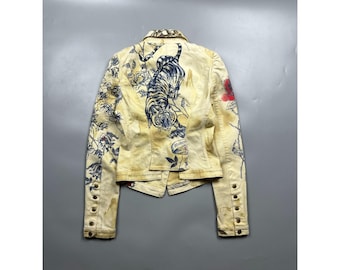 Women's 2003 Roberto Cavalli Runway Tiger Tattoo Denim Jacket Size S (Y0879)