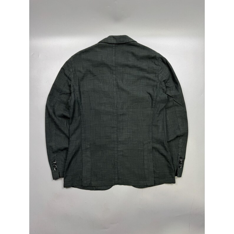 May include: A dark gray blazer featuring a subtle black plaid pattern, a notched lapel, and long sleeves with three small black buttons on each cuff. The garment is shown from the back, displaying a center seam and a structured tailored fit.
