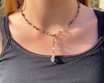 Crocheted beaded necklace with earth tone beads and sepia cording