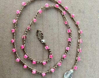 Handmade crocheted necklace with sepia cording and pink glass beads