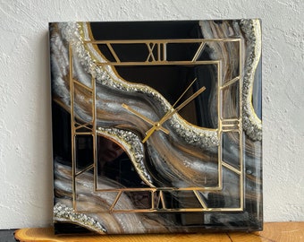 Luxury Black & Gold Resin Geode Wall Clock – Asymmetrical Handmade Art with Roman Numerals  Crystal Edge, Silent Quartz