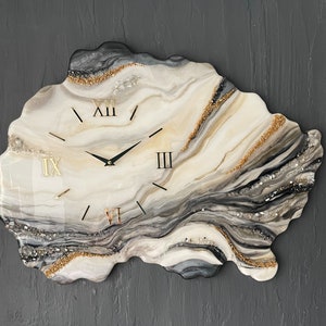 Geode ivory grey gold wall clock, Epoxy resin wall clock, Unique wall clock Marble wall clock Geode wall clock, modern art decor