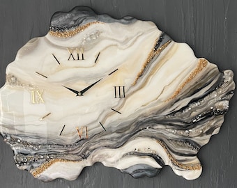 Geode ivory grey gold wall clock, Epoxy resin wall clock, Unique wall clock Marble wall clock Geode wall clock, modern art decor