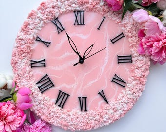 Pink Geode Resin Wall Clock 14” – Handmade Epoxy Crystal Edge Art with Gold Details and Roman Numerals, Silent Quartz, Ready to Ship