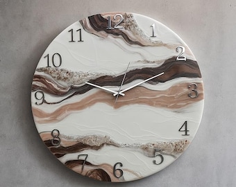 Neutral Cream & Taupe Resin Wall Clock – Beige Aesthetic Wall Art with Stones, Modern Home Decor Clock (Custom Made)