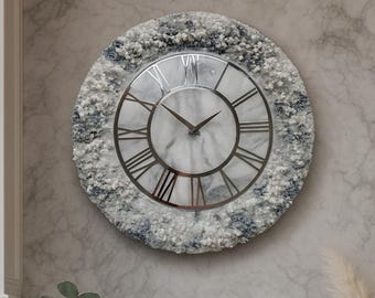 Luxury Grey Geode Wall Clock – Resin Art with Crystal Edge, Silver Roman Numerals, Modern Statement Wall Decor, Handmade Gift Idea