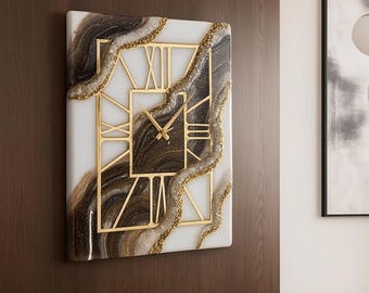 Geode Resin Wall Clock with Gold Accents – Silent Quartz, Handmade Decor