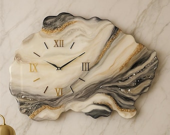 Modern Large Wall Clock – Epoxy Marble Clock in Neutral Tones, Elegant Geode Wall Decor, Handmade Statement Wall Art