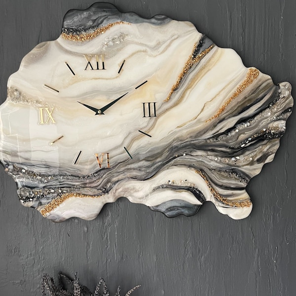 Geode ivory grey gold wall clock, Epoxy resin wall clock, Unique wall clock Marble wall clock Geode wall clock, modern art decor