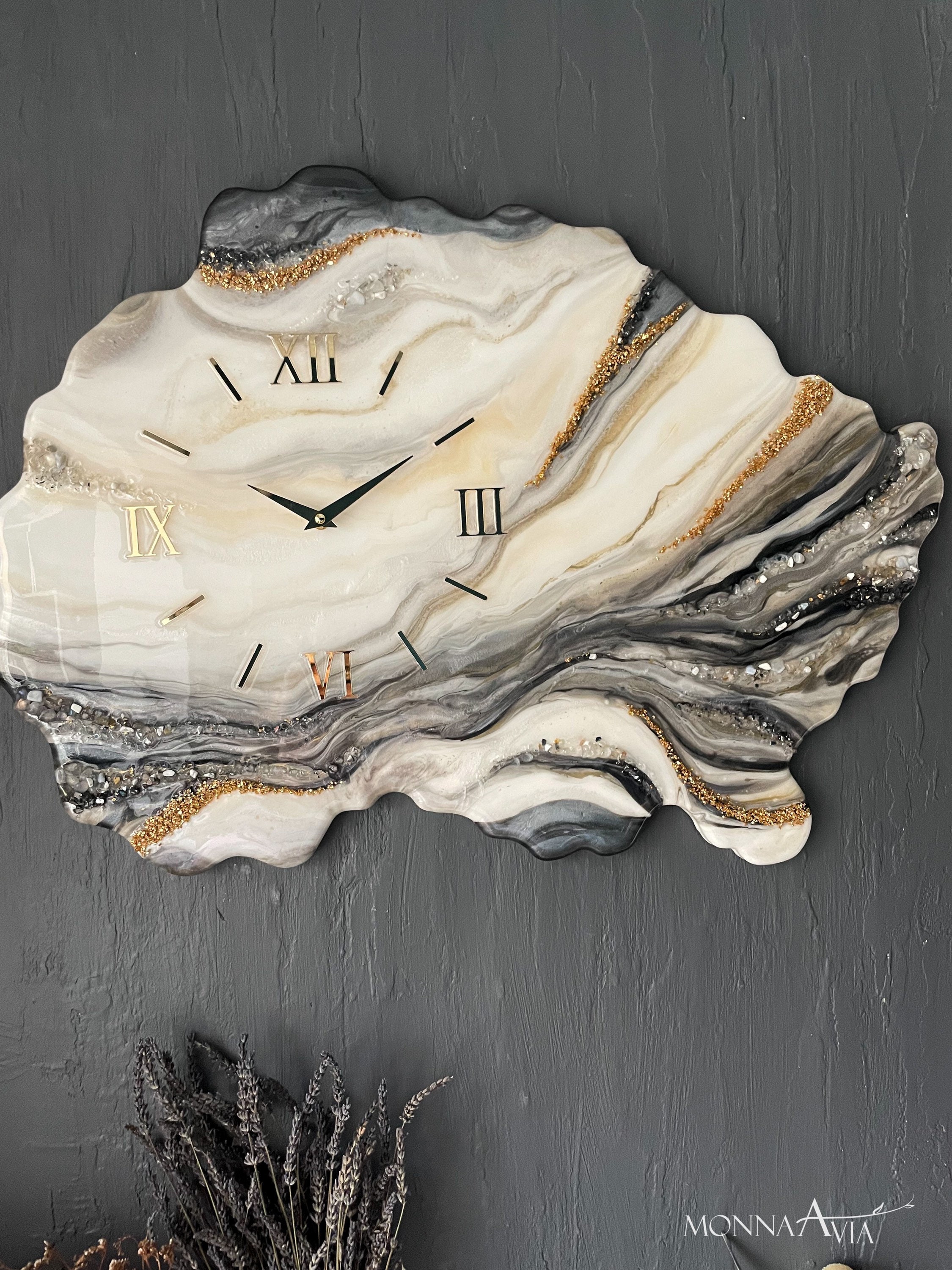 Epoxy Resin Wall Clock – Large Handmade Wall Clock With Gold and Grey ...