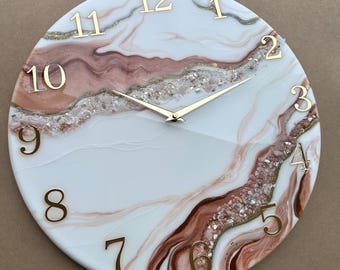 Custom Beige, Cream & Brown Resin Wall Clock – Handmade Geode-Style Epoxy Art Clock with Gold Accents, Large Modern Wall Decor