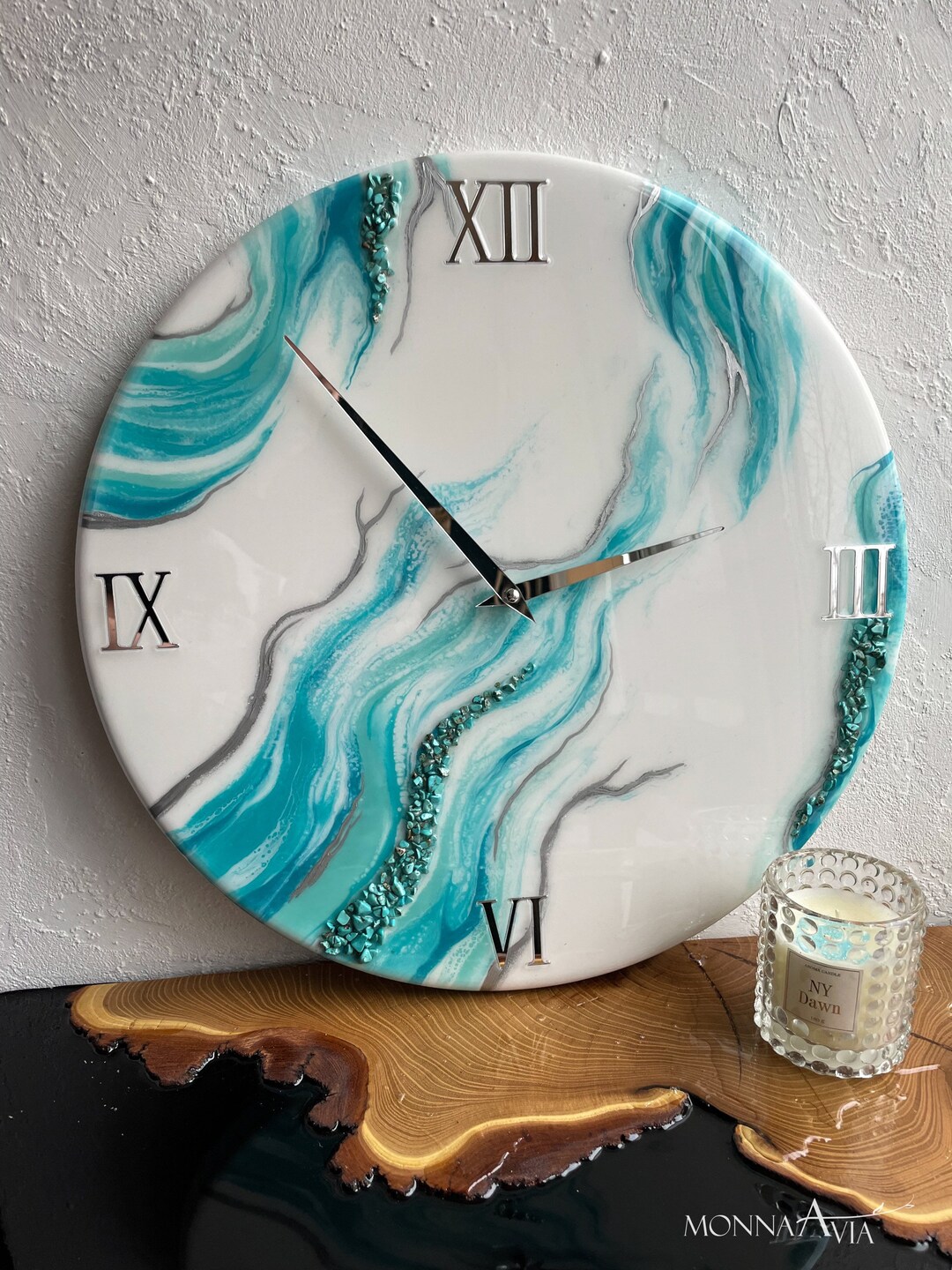 Resin Wall Clock, Turquoise Wall Clock, Resin Art Clock, Home Decor