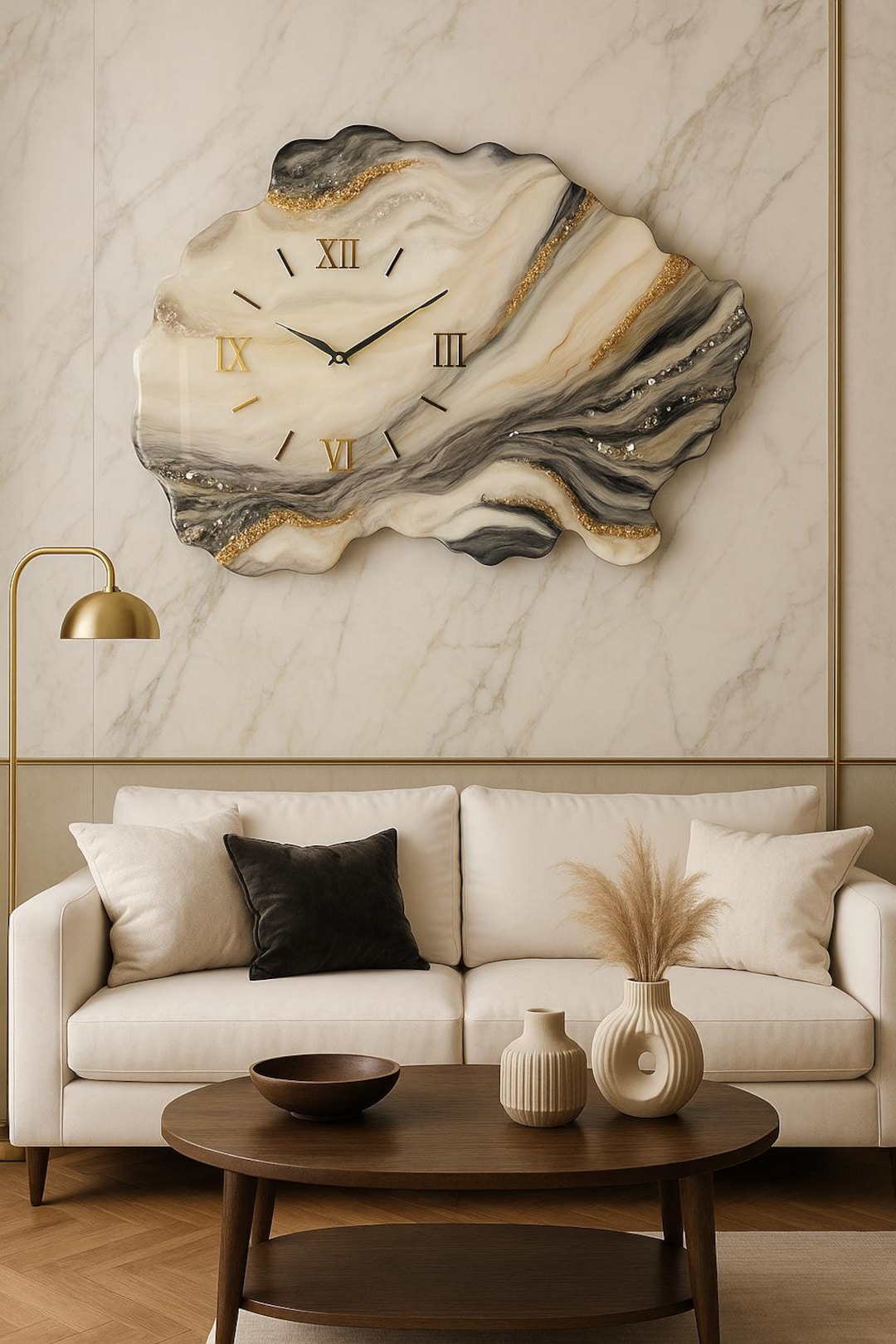 Epoxy Resin Wall Clock – Large Handmade Wall Clock With Gold and Grey ...