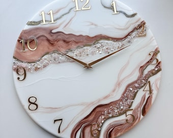 Custom Beige, Cream & Brown Resin Wall Clock – Handmade Epoxy Art Clock with Gold Accents, Modern Wall Decor