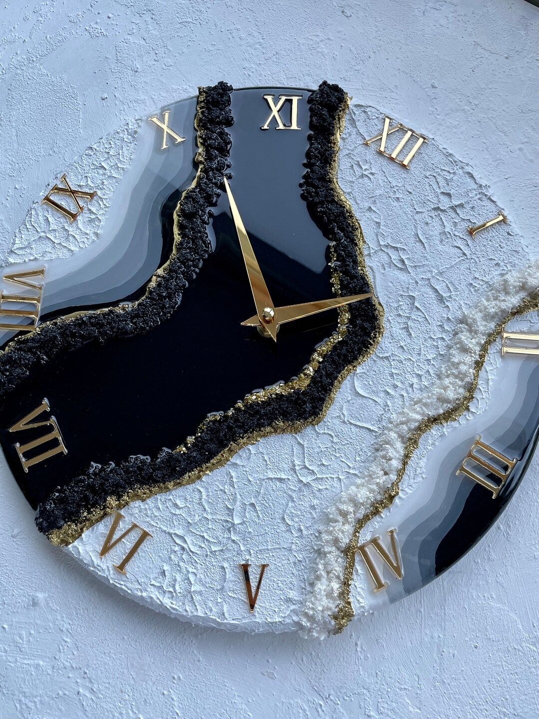 Resin Wall Clock, Black White Gold Clock, Minimalist Wall Art , Geode ...