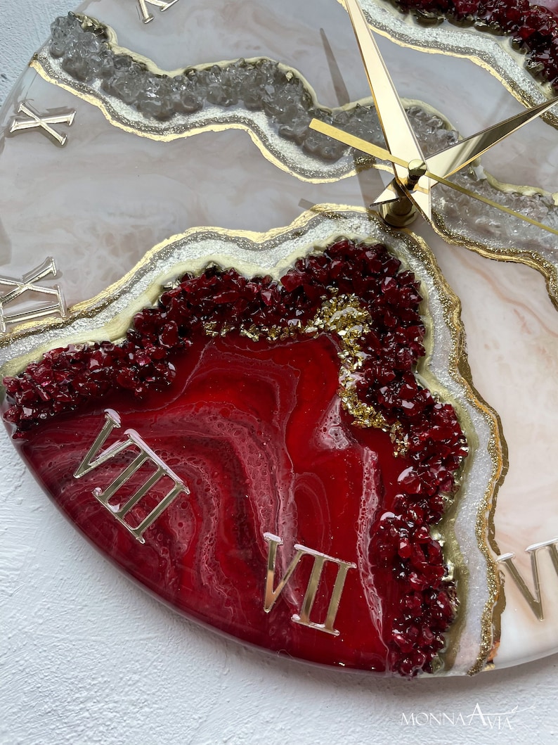 Resin Red Geode Clock Resin Art Clock Red Gold Geode Etsy