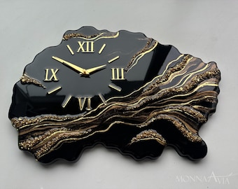 Black Resin Wall Clock | Resin Clock | Geode Wall Clock | Luxury Wall Decor | Modern Epoxy Clock | Handmade Housewarming Gift